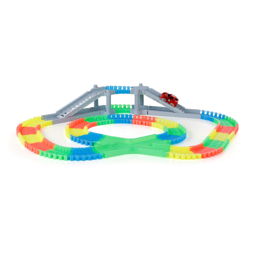 YA ZHI QI 868-163 166PCS Twister Tracks Flexible Assembly Neon Glow in the Dark with Bridge Crossroad Track Race Car for Kids