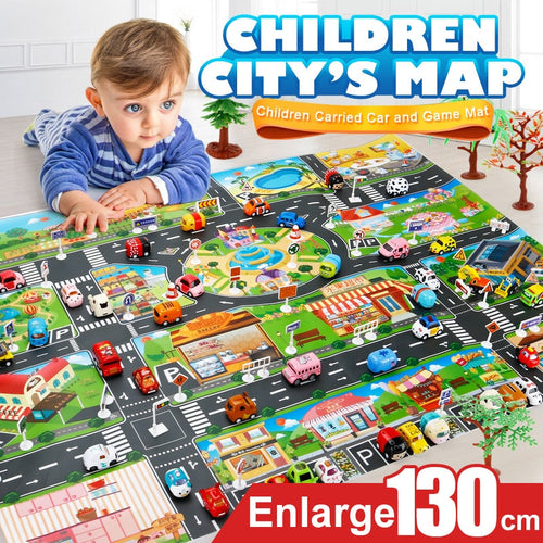 39Pcs City Map Car Toys Model Crawling Mat Game Pad for Children Interactive Play House Toys (28Pc Road Sign+10Pc Car+1Pc Map)