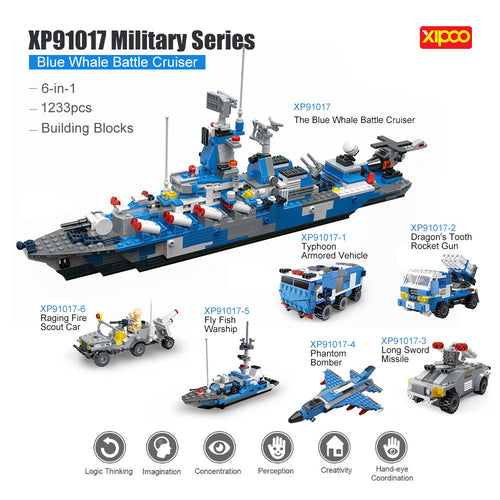 6-in-1 XIPOO 1233pcs XP91017 Blue Whale Battle Cruiser Building Blocks Educational Toys