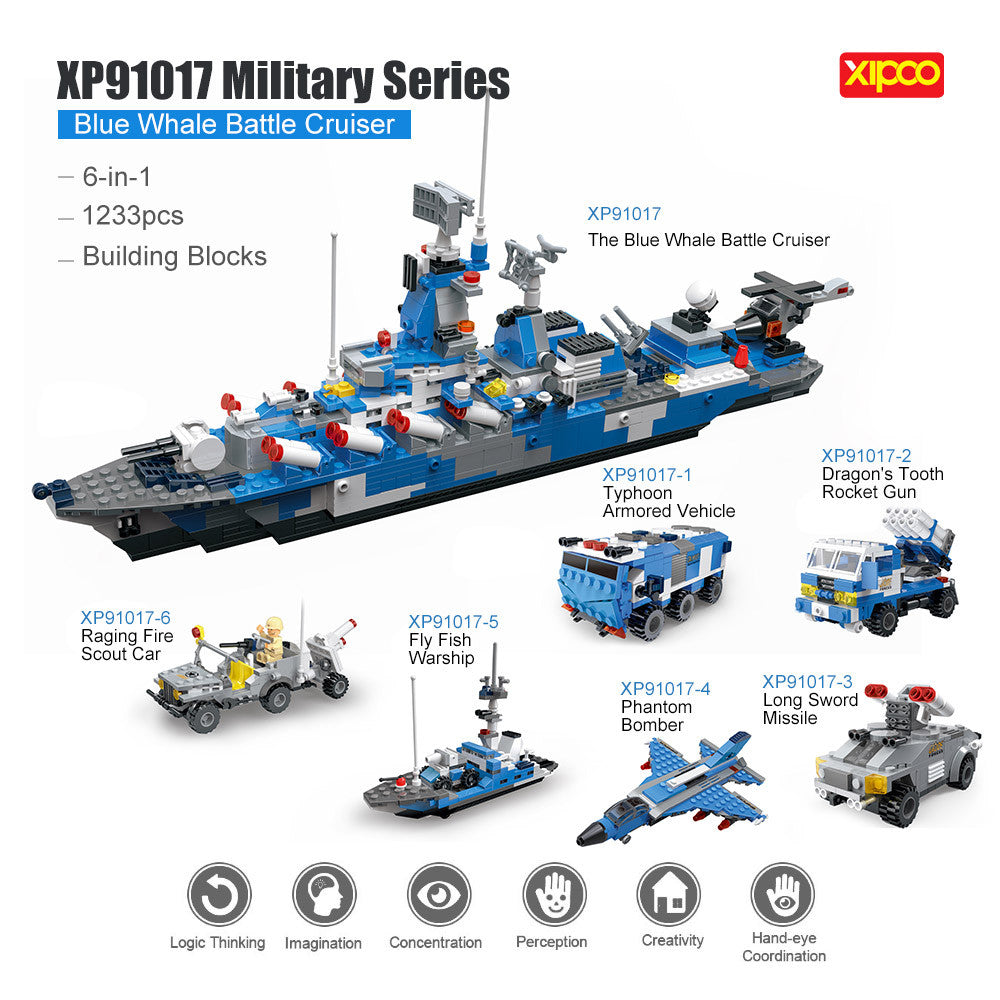 6-in-1 XIPOO 1233pcs XP91017 Blue Whale Battle Cruiser Building Blocks Educational Toys