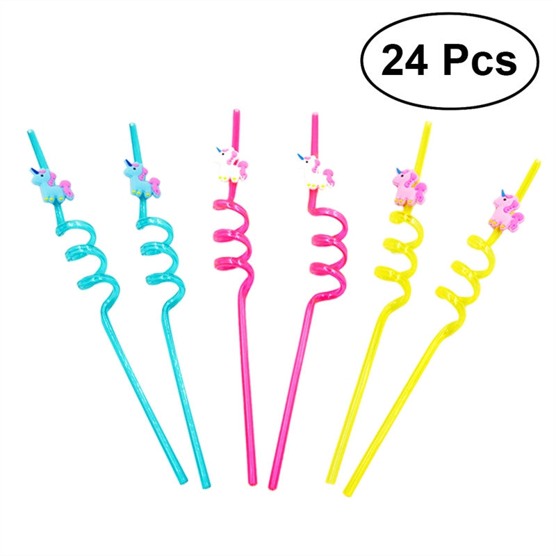 24pcs Creative Unicorn PVC Drinking Straws Props Celebration Carnival Party Supplies(Blue + Yellow + Red)