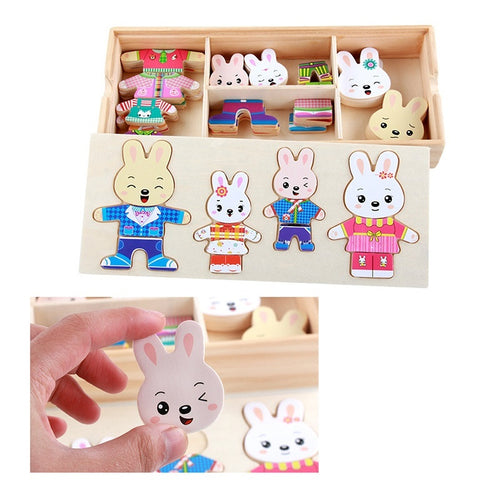 Wooden Four Bunny Dressing  Puzzle  Cartoon Animal Puzzle Early Education Toy