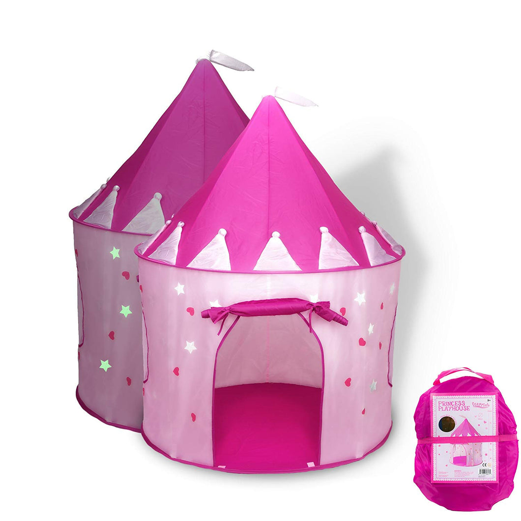 Castle Play Tent with Glow in the Dark Stars, conveniently folds in to a Carrying Case, your kids will enjoy this Foldable Pop Up pink play tent/house toy for Indoor & Outdoor Use