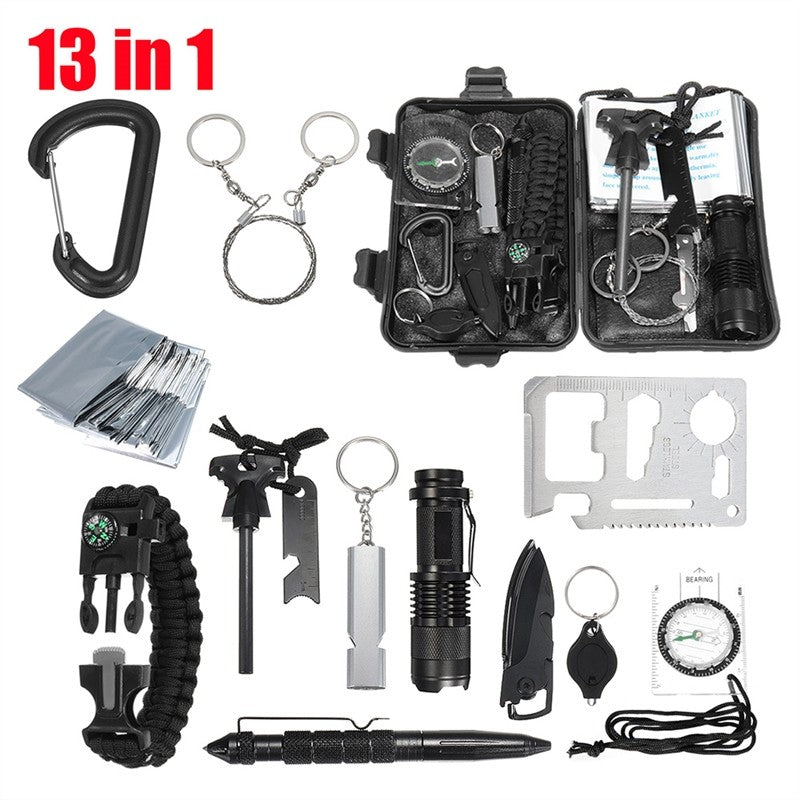 13 in 1 Outdoor Emergency Survival Kit Survival Gear Tool Wire Saw Emergency Blanket Flashlight Tactical Pen Water Bottle Clip