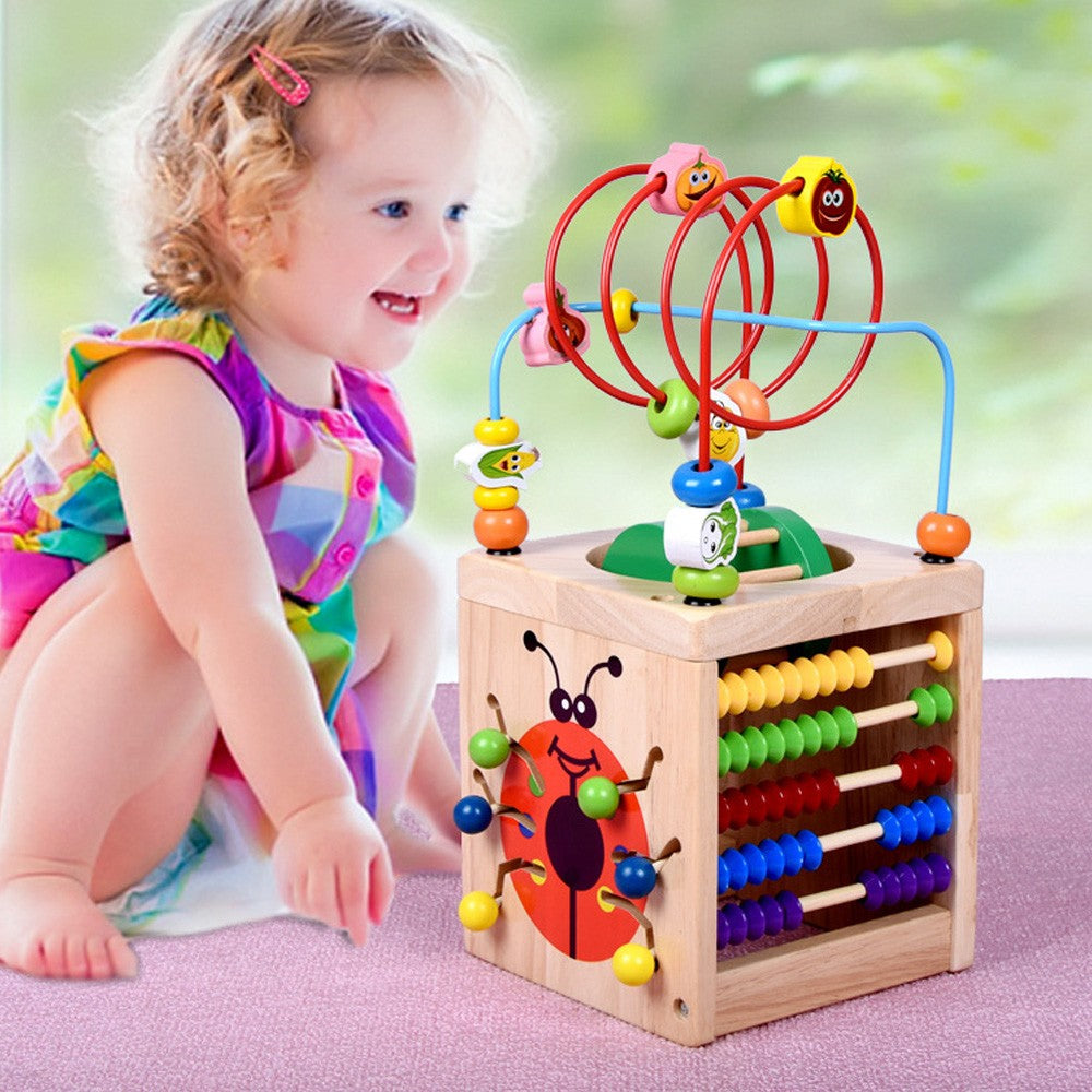 6 in 1 Wooden Bead Maze Activity Cube Multipurpose Activity Center Box Educational Skill Improvement Wood Toys for Kids